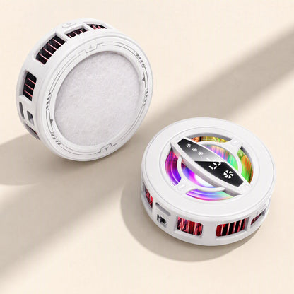 Magchill – Two white coolers: one showing its soft pad contact face, the other its top with display and RGB light