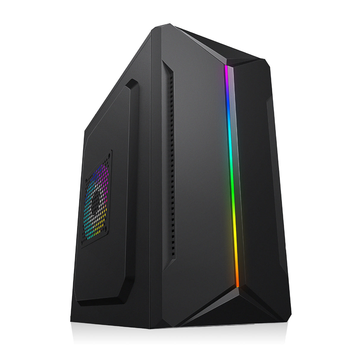 Bytehaven – Black case from the opposite angle, showing the solid side panel with a fan vent and glowing RGB front strip