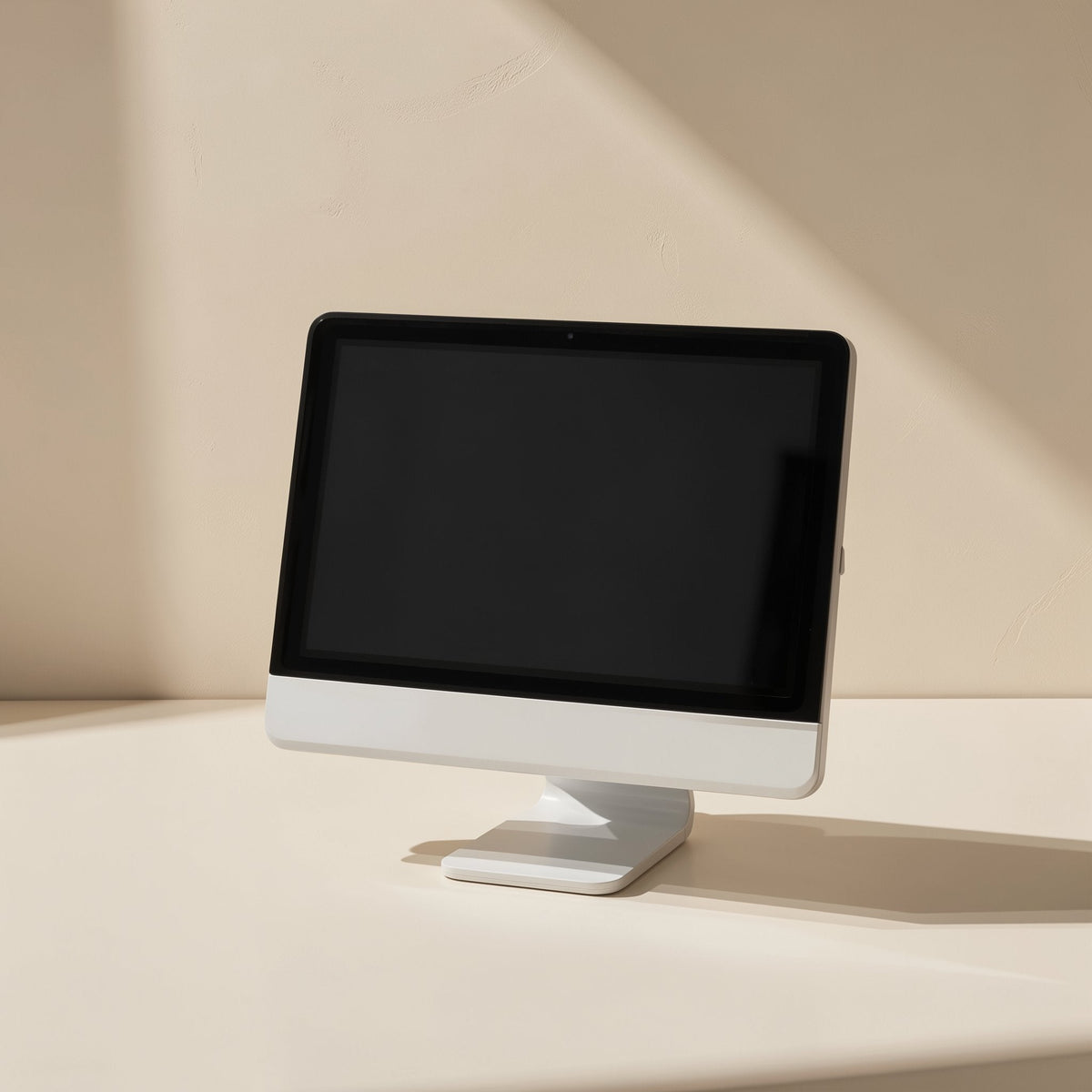 Deskledge Plate monitor stand shown empty, with a silver desktop monitor angled beside it in soft sunlight