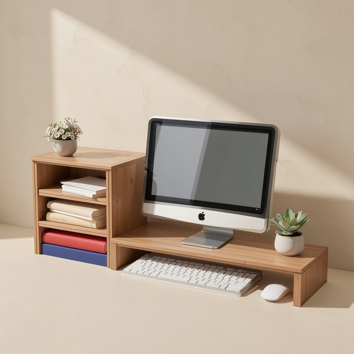 Deskledge – Wooden three-tier organizer with a shelf unit of books, a monitor on the riser, keyboard below, and two plants