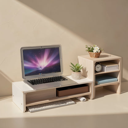 Deskledge – White laminate stand with a laptop on the raised platform, a side shelf unit, a clock, and a keyboard stored