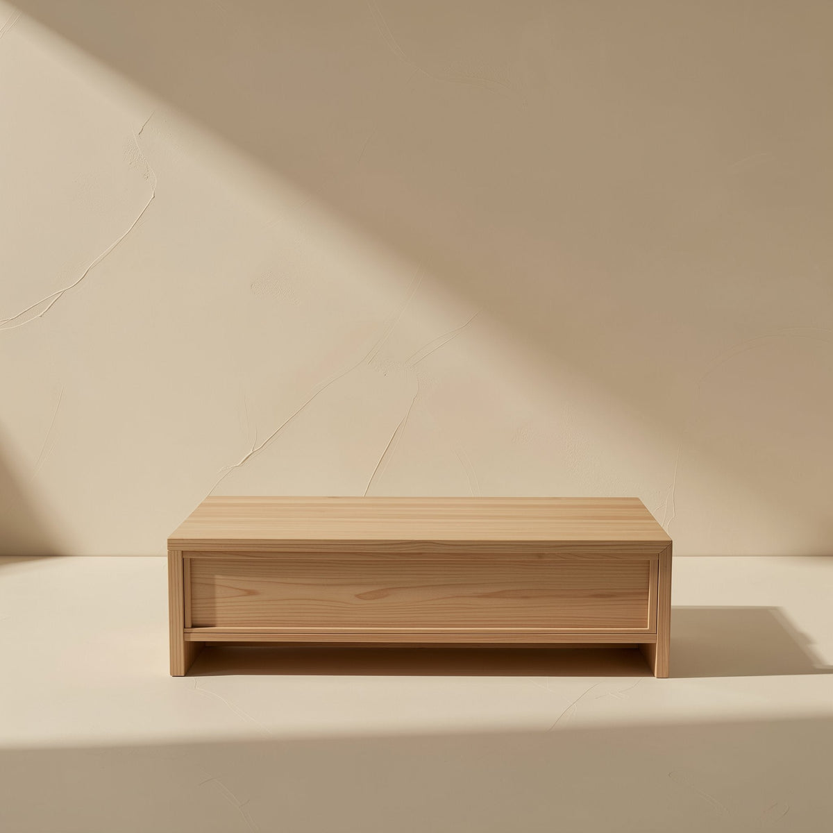 Deskledge – Front view of a single light wood riser with a slim panel front and open gap beneath, on a cream surface