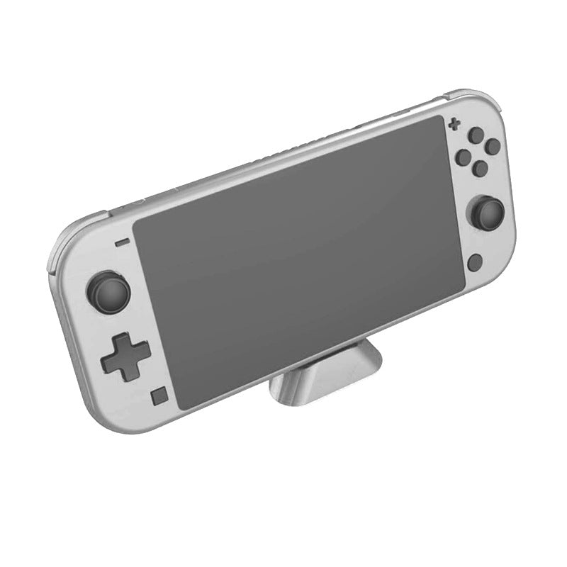 Dockcharge – Gray Switch Lite console standing upright on the charging base, front view of the screen