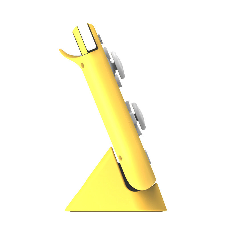 Dockcharge Switch Lite Charging Base – side profile of a yellow console docked at an angle on a yellow triangular stand