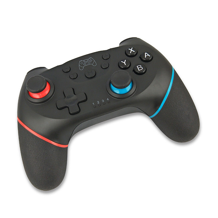 Pulsegrip – Controller angled to show the D-pad, face buttons, red and blue stick rings and textured grips