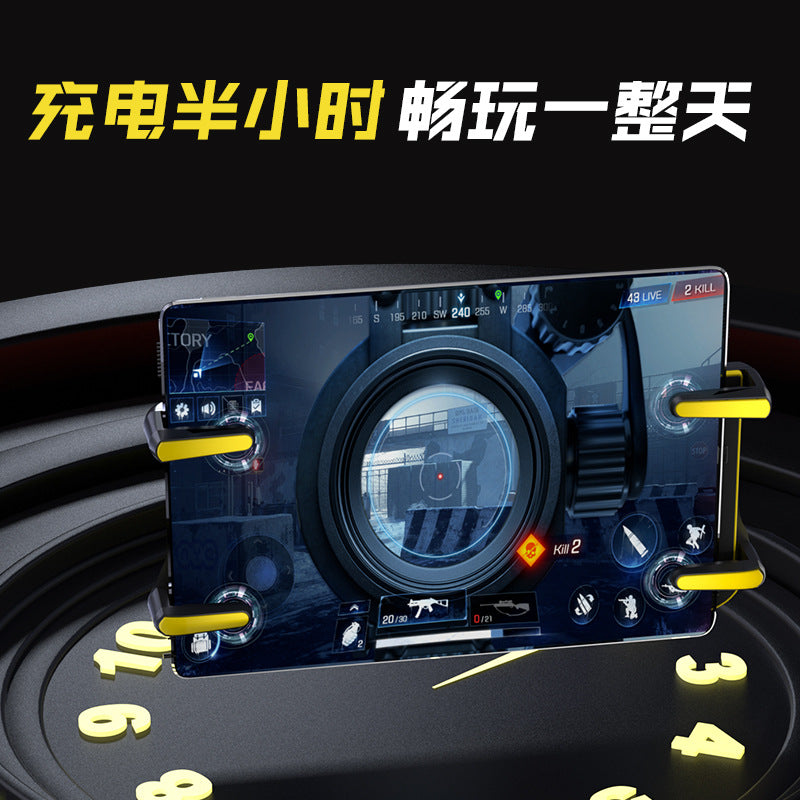 Taplet – Controller triggers clamped on a tablet running a shooter game, with clock numerals in the background