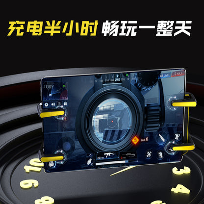 Taplet – Controller triggers clamped on a tablet running a shooter game, with clock numerals in the background