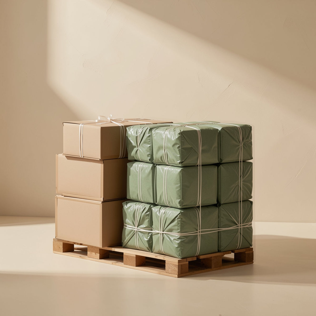 Gigabraid – Pallet of cardboard cartons and green-wrapped bundles tied with white strapping, ready for bulk shipping