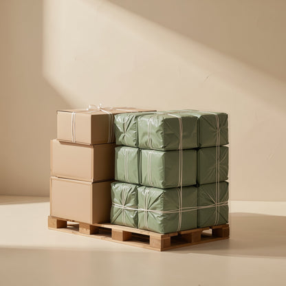 Gigabraid – Pallet of cardboard cartons and green-wrapped bundles tied with white strapping, ready for bulk shipping