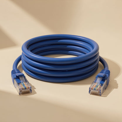 Gigabraid – Close-up of coiled blue Cat6 Ethernet cable with clear RJ-45 connectors showing color-coded wires