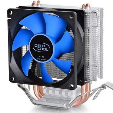Coolspine Two-Heat-Pipe CPU Cooler Fan with blue fan blades, front-left view showing copper pipes and fins