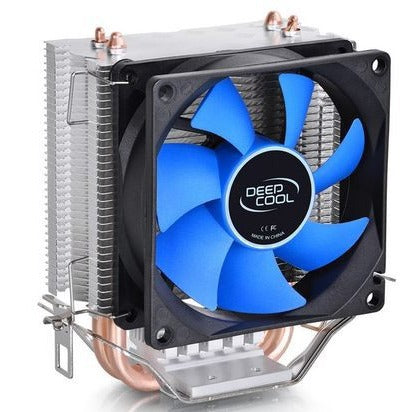 Coolspine – Blue-bladed cooler fan with black frame, front-right angle showing aluminum fins and mounting clips
