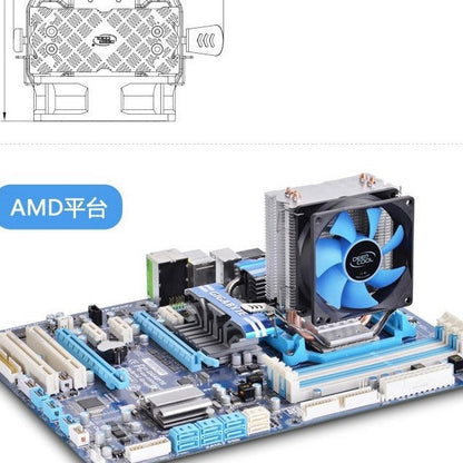Coolspine – Cooler mounted on a motherboard in an AMD platform installation example, with a bottom view diagram above