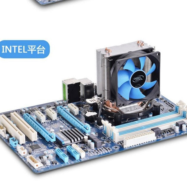 Coolspine – Cooler with blue fan installed on a blue motherboard in an Intel platform installation example