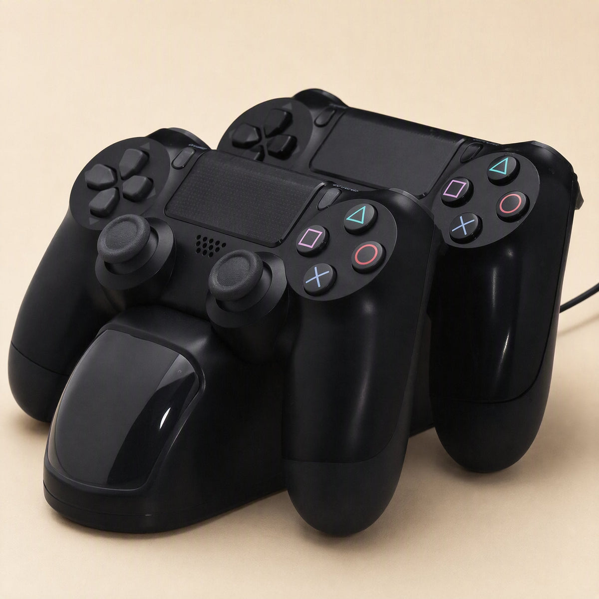 Padcharge PS4 Dual Gamepad Charging Dock holding two black controllers, shown at an angle