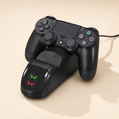 Padcharge – Black dock with one controller docked and green and red charging indicator icons lit on the front