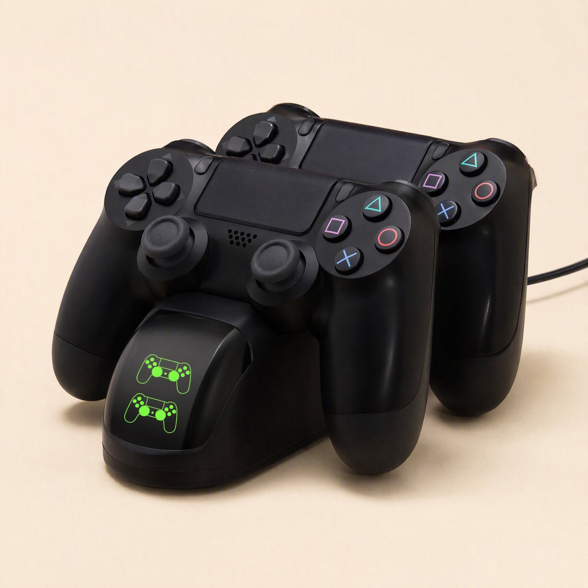 Padcharge – Dock with two PS4 controllers charging side by side, both green indicator icons lit