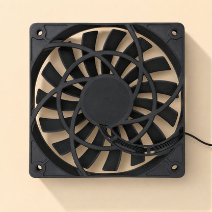 Airframe – Rear view of the fan showing curved support spokes, central hub and a thin black cable at lower right