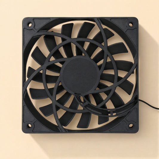 Airframe – Rear view of the fan showing curved support spokes, central hub and a thin black cable at lower right