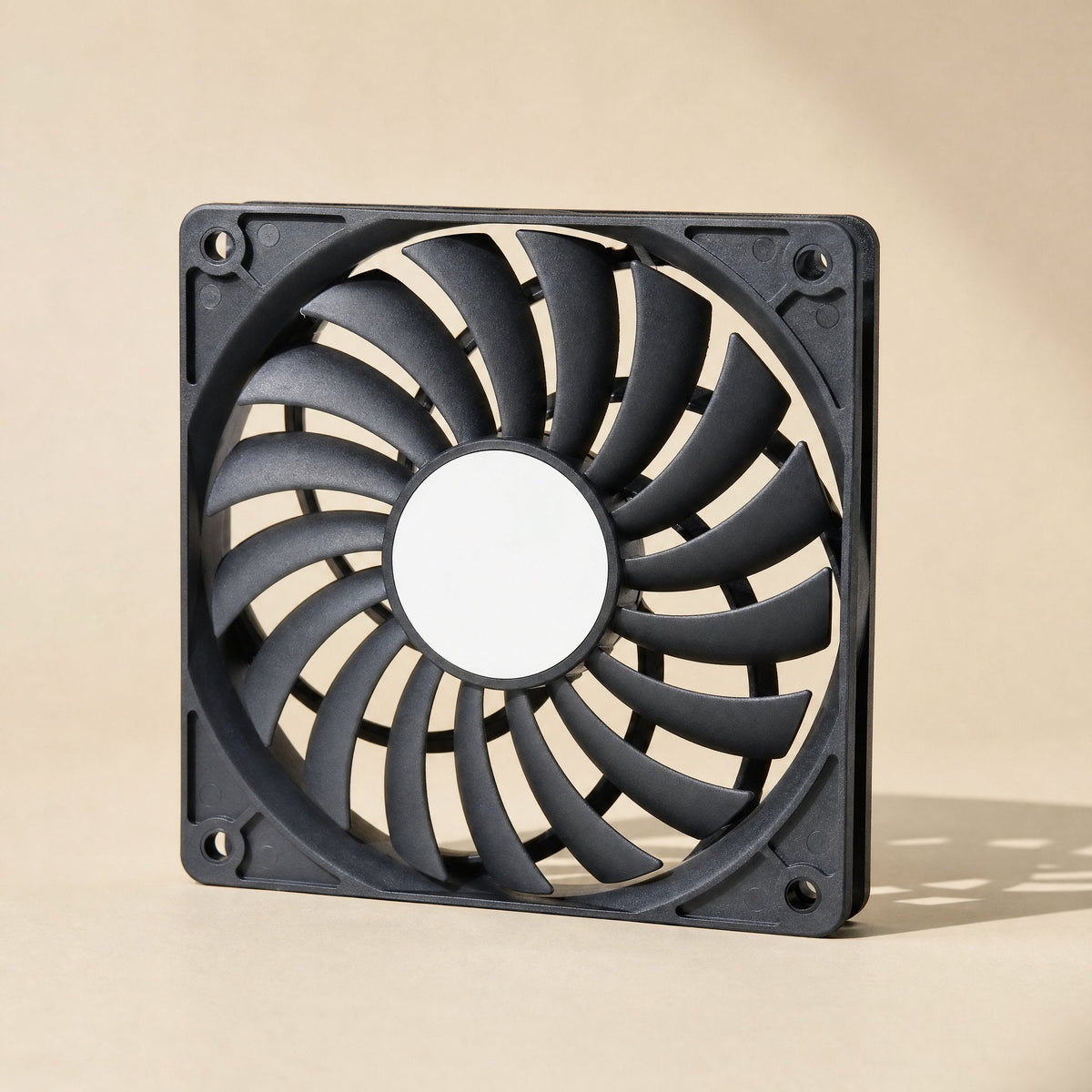 Airframe Chassis Cooling Fan – angled front view of the slim black fan with a blank white circular label on the center hub