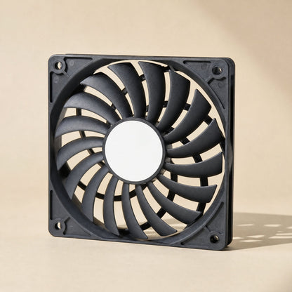 Airframe Chassis Cooling Fan – angled front view of the slim black fan with a blank white circular label on the center hub