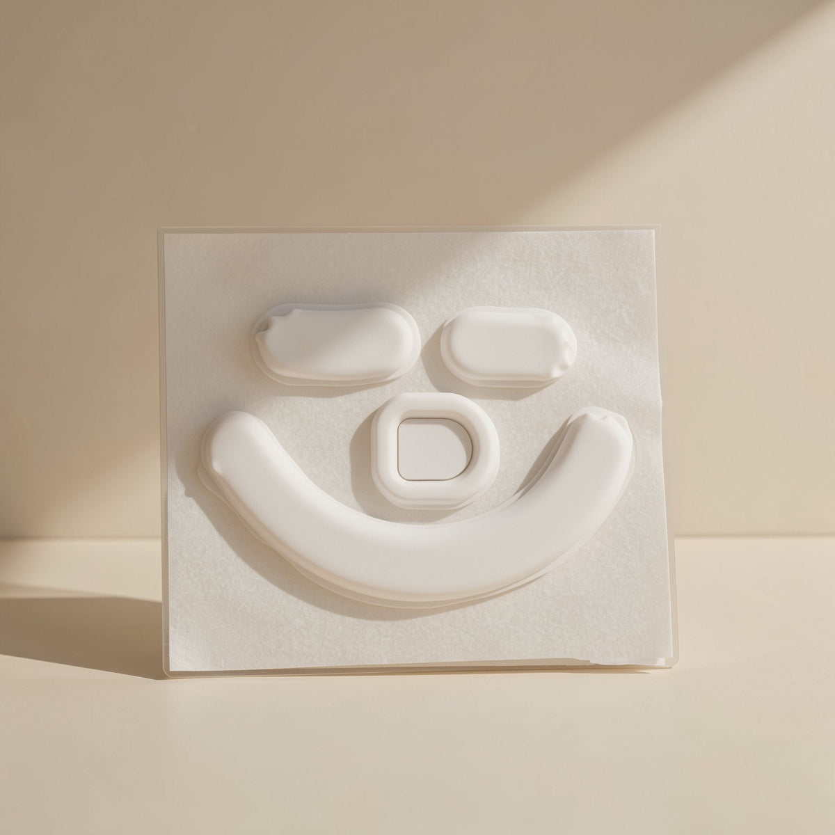 Glidefeet – White mouse foot pads on a backing sheet: two ovals, a square with cutout and a long curved strip