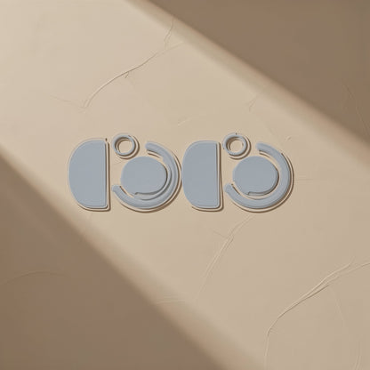 Glidefeet – Light blue-gray mouse feet in half-circle, ring and curved shapes, two matching sets on a textured beige wall