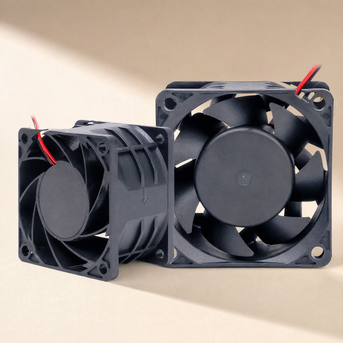 Windcraft DC Cooling Fan, dual ball bearings, two black square fans angled together with red and black wires