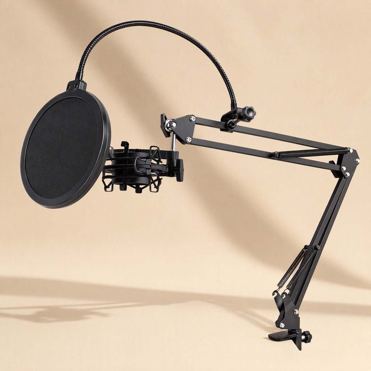 Micnest Condenser Microphone Accessory Set mounted: black boom arm, shock mount and pop filter on beige
