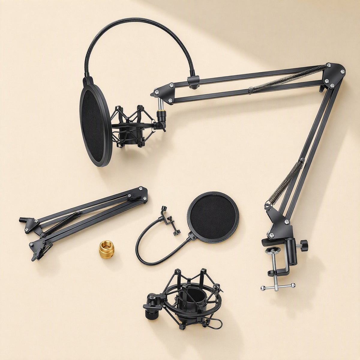 Micnest accessory set laid out flat: boom arm, desk clamp, pop filter, shock mount and gold thread adapter