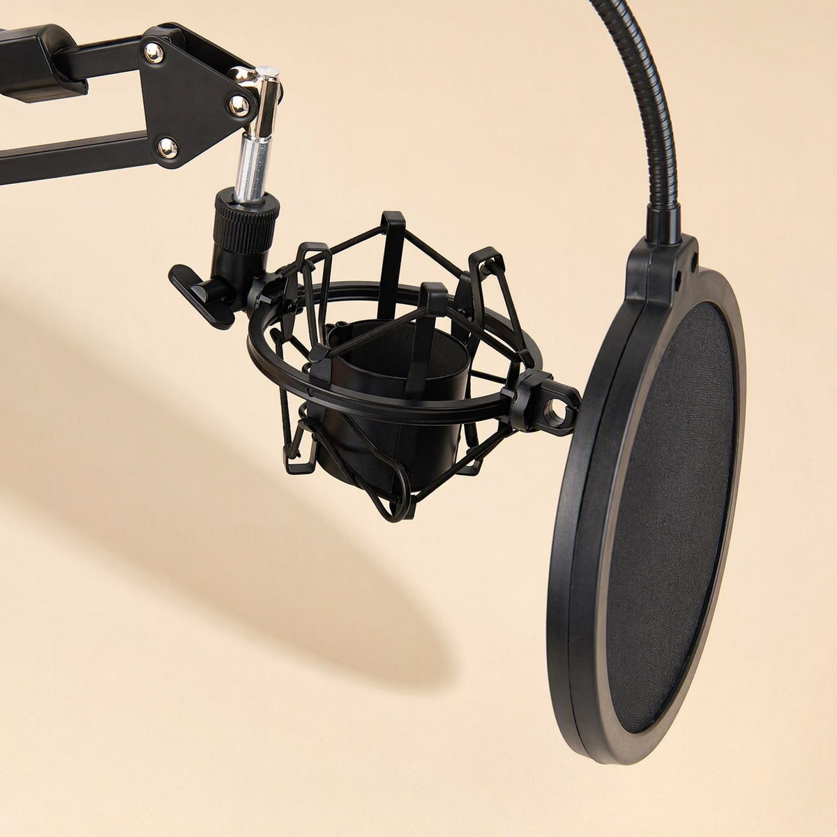 Micnest – Close-up of the shock mount holding a microphone, with the round pop filter and gooseneck beside it
