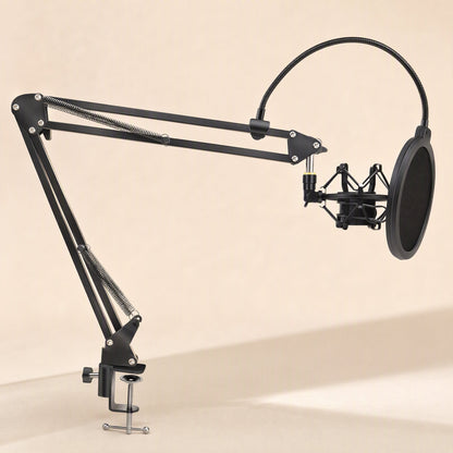 Micnest – Full black boom arm with springs clamped to a desk edge, shock mount and pop filter at the far end