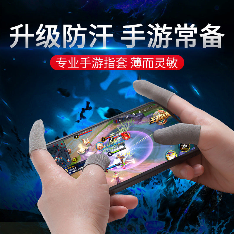 Thintap – Gray finger sleeves on both thumbs and fingertips of a gamer playing a mobile game on a phone held sideways