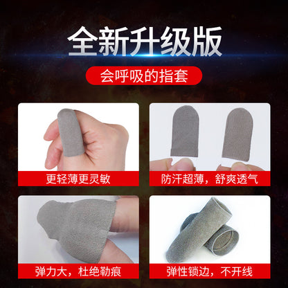 Thintap – Four close-ups of gray finger sleeves: worn on a thumb, held open, stretched flat and rolled to show the hem