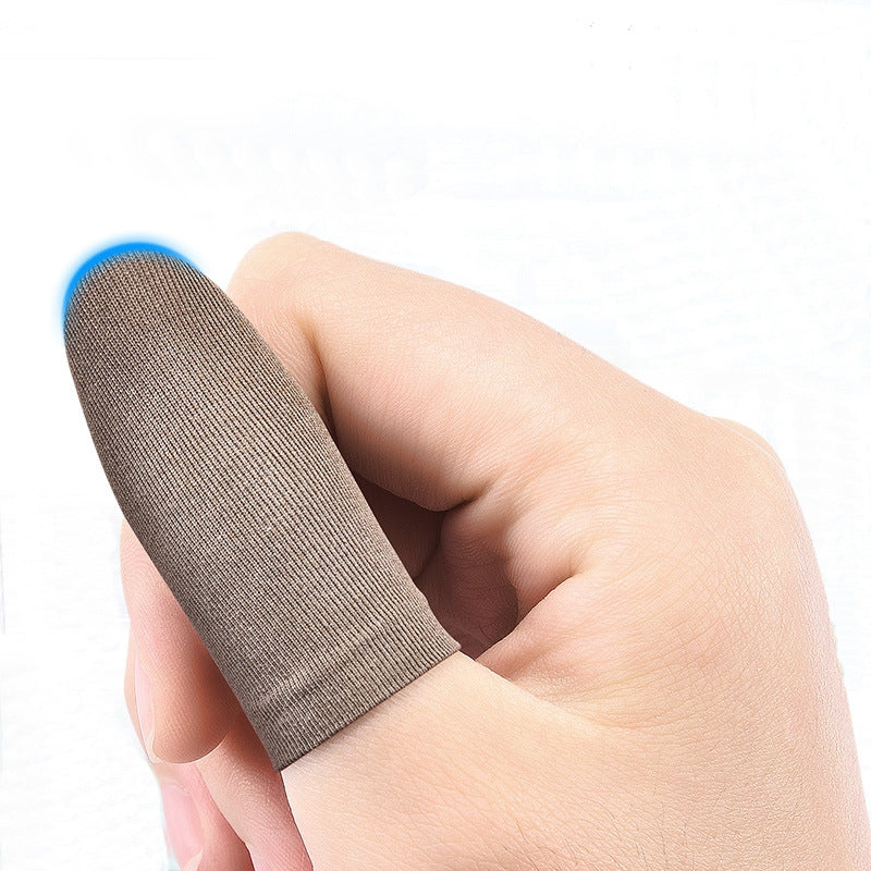 Thintap – Gray knit finger sleeve with blue-tipped end worn on a thumb, shown against a white background