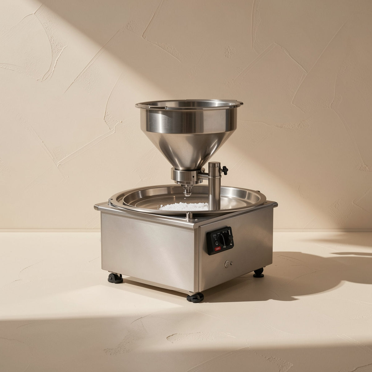 Pinjoin CAT6 RJ45 Crystal Head Connector – stainless steel funnel-top machine on a counter with white granules in its tray