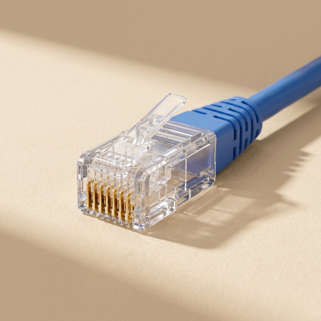 Pinjoin CAT6 RJ45 Crystal Head Connector – clear RJ45 connector with gold pins crimped onto a blue network cable