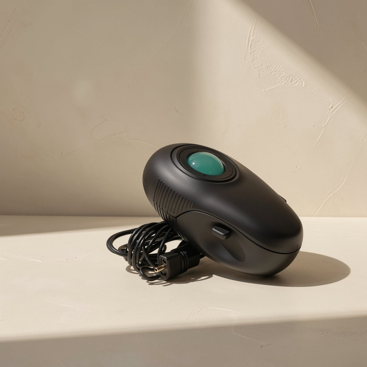 Optiroll – Black trackball mouse lying on its side with coiled cable and plug beside it against a plaster wall