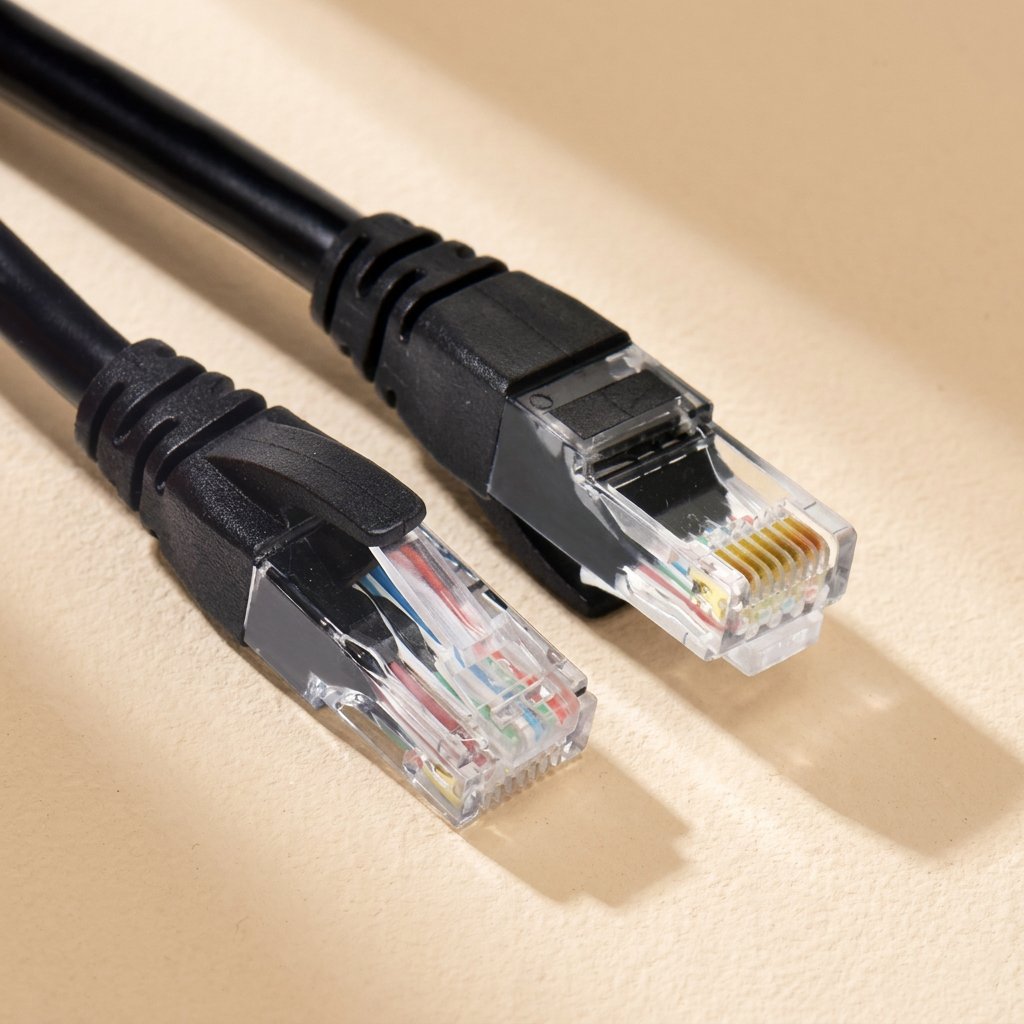 Twistcord – Two black RJ-45 connectors side by side, showing clear plugs and color-coded wires inside