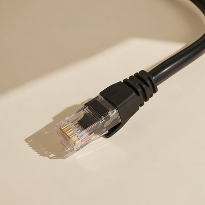 Twistcord – Close-up of a black RJ-45 connector with gold contact pins and strain-relief boot on a beige surface