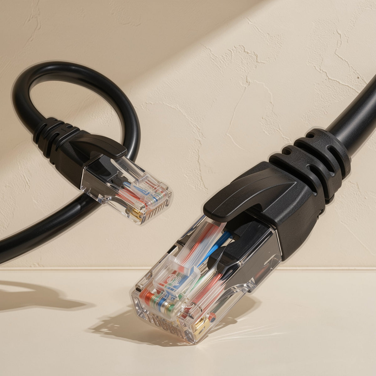 Twistcord – Black RJ-45 plugs, one large in foreground and one looped behind, against a textured cream wall