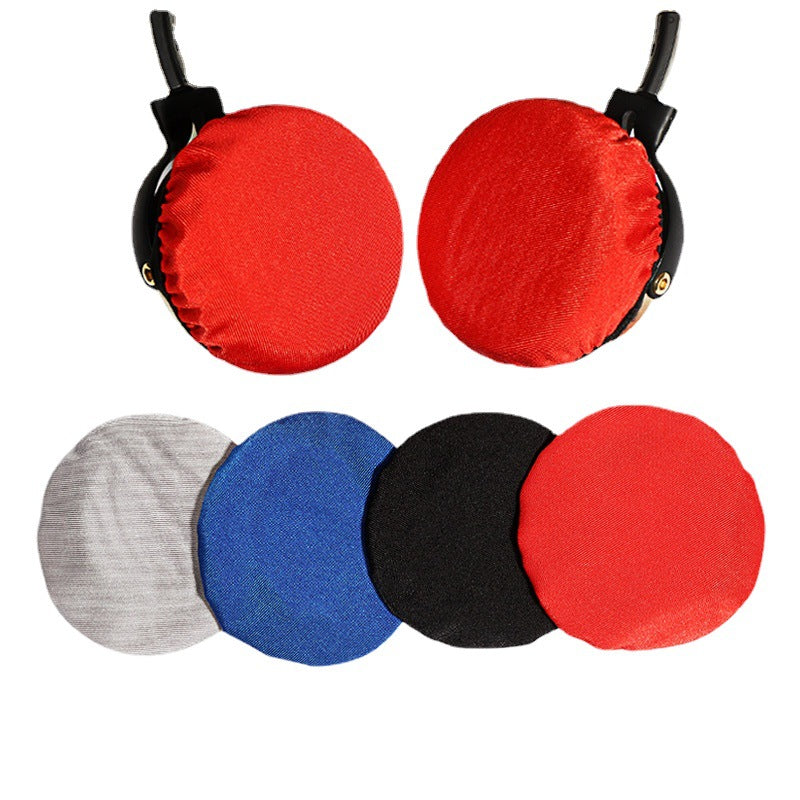 Earflex – Red Lycra ear cup covers on a headset, with flat gray, blue, black and red covers displayed below