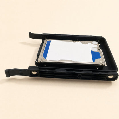 Coolbrace Hard Drive Bracket – side view of a 2.5-inch drive held in a black tray with side rails and release tabs