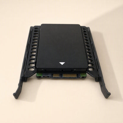 Coolbrace – Top view of a 2.5-inch SSD in a black bracket with ventilated side rails and visible SATA connectors