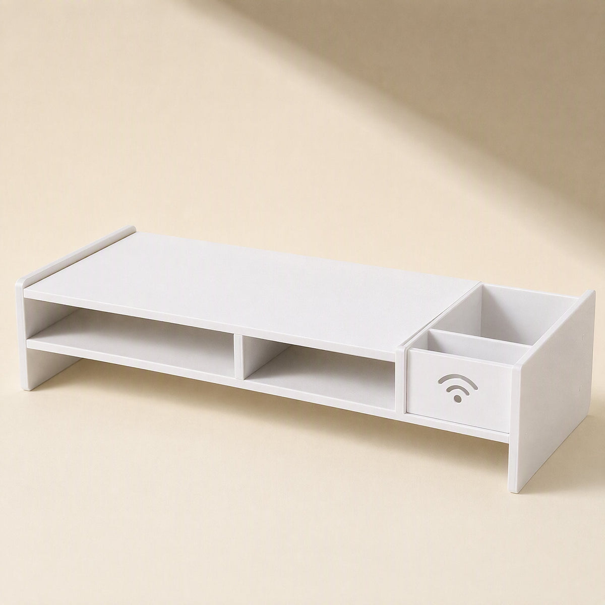 Screenstore Desktop Monitor Stand in white with two open shelves and a side drawer with a wifi cutout
