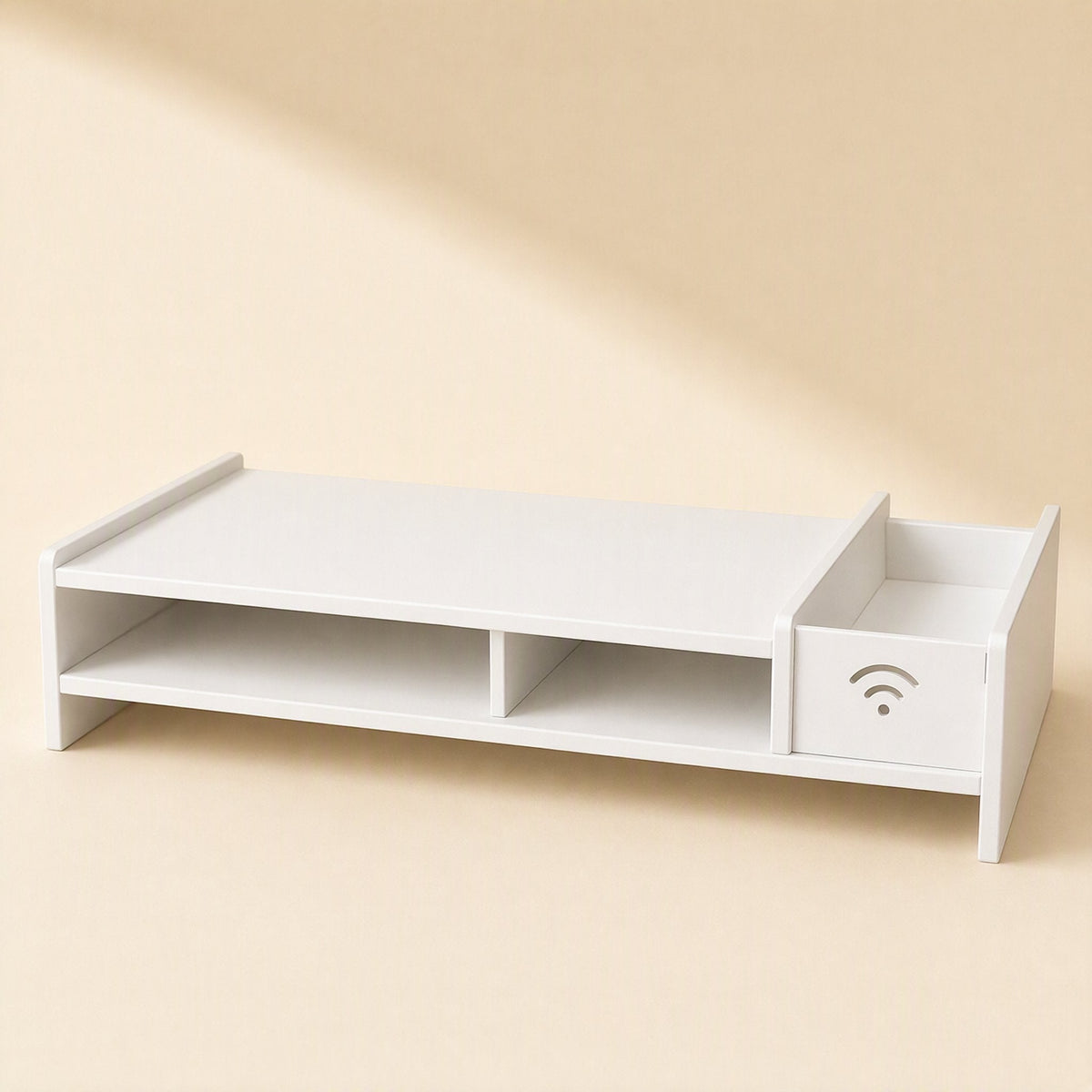 Screenstore – White PVC storage rack seen from the front left, showing the shelf compartments and side drawer