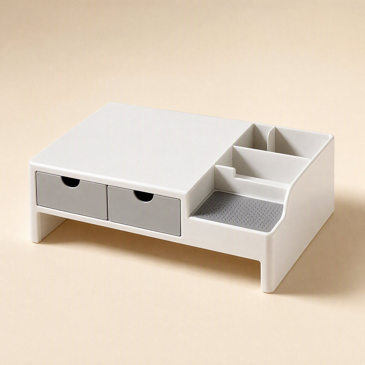 Screenstore – Compact white and grey monitor riser with two small drawers and divided organiser tray on the right