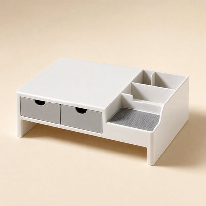 Screenstore – Compact white and grey monitor riser with two small drawers and divided organiser tray on the right
