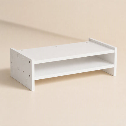 Screenstore – Plain white two-tier monitor stand shown from the left side, with screw holes visible on the end panel
