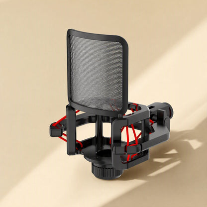 Joltbrace Microphone Shock-Absorbing Bracket with red elastic bands and a built-in pop filter, front three-quarter view